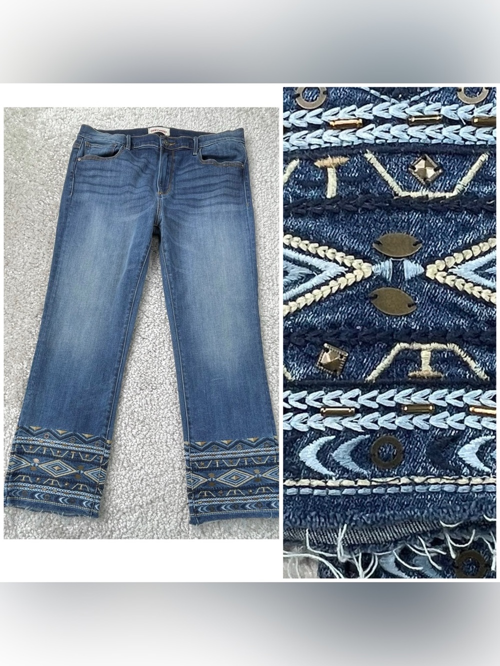 Driftwood Colette straight ankle jeans geometric embroidery relaxed fit sz 33x26